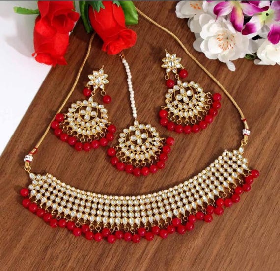 Kundan Sabyasachi Inspired Choker/Kundan red gold necklace/Indian Reception jewelry Choker Set/Kundan Necklace with Earrings
