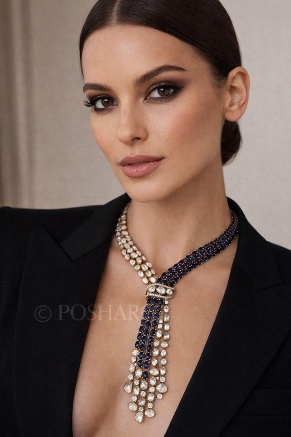 Luxury Sapphire Blue Moissanite Polki Necklace Set | Gold Plated Statement Jewelry | Wedding & Evening Wear