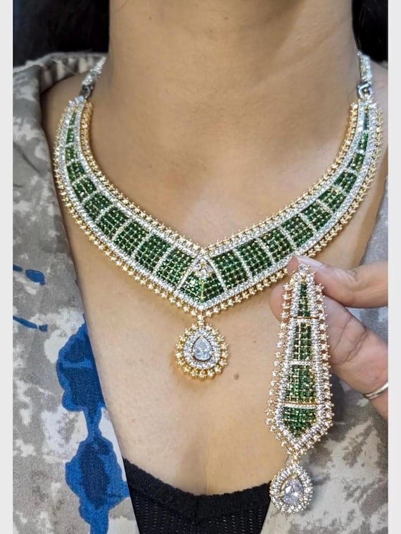 Bollywood Sabyasachi-Inspired Green Emerald CZ Necklace Set | 24K Gold Plated | Premium Quality Jewelry