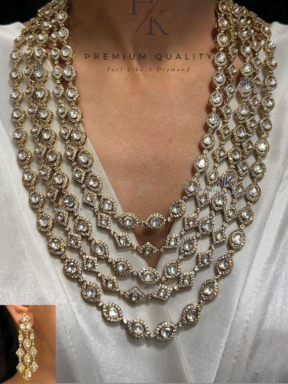 Moissanite Polki Necklace Set: Sabyasachi Bridal Jewelry, Gold-Plated