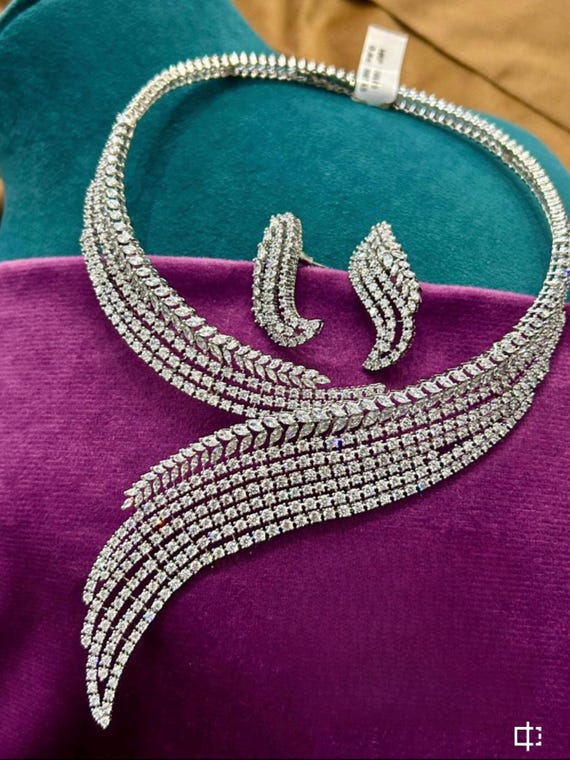 Sabyasachi-Inspired CZ Cubic Zirconia Silver Hasli Necklace Set | Indian Bridal Necklace with Earrings | American Diamond Jewelry Set