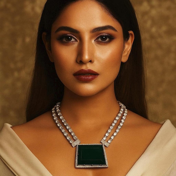 Moissanite Kundan Necklace: Emerald Green Stone, Victorian Polish Bridal Jewelry