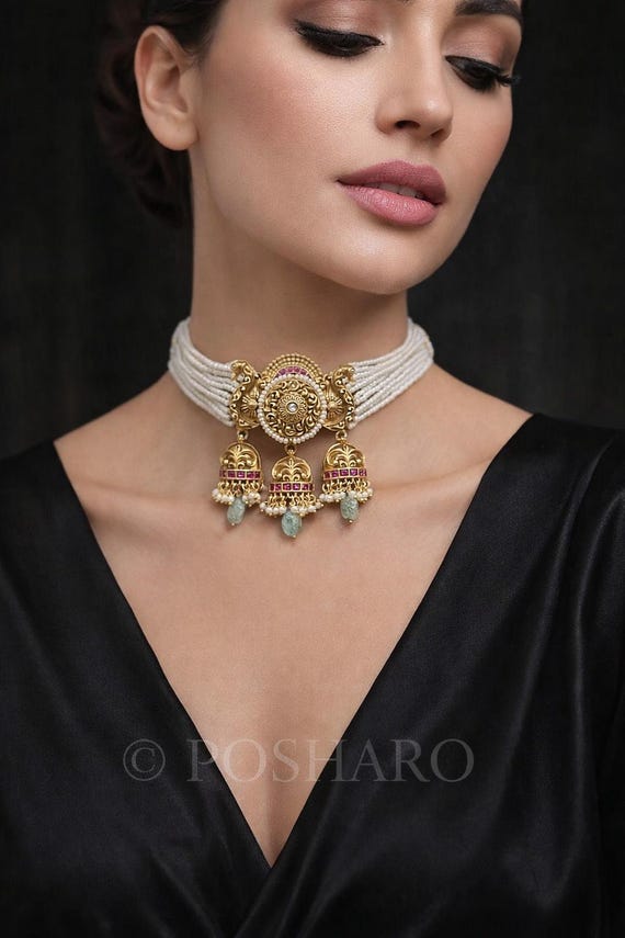 Pearl Kundan Choker Necklace Set | Gold Jadau Bridal Jewelry | Indian Wedding Choker with Jhumka Drops | Festive Statement Jewelry