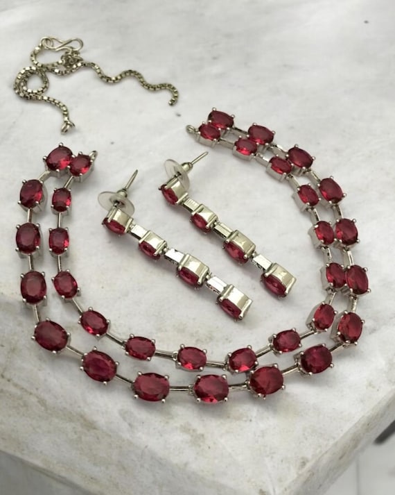 Sabyasachi Inspired Red ruby Necklace Set | Bollywood Bridal Jewelry | CZ Silver Plated Statement Jewelry | Indian Wedding Necklace