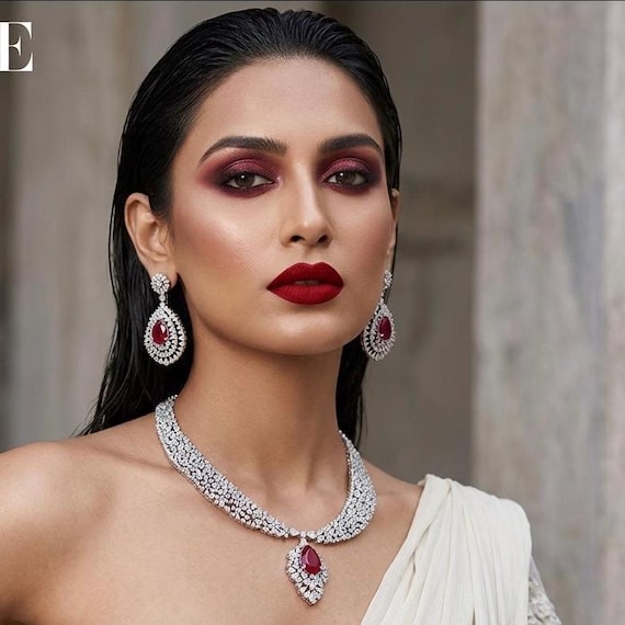 Ruby Teardrop Statement Necklace Set | CZ Bridal Jewelry | Red Stone Necklace & Matching Earrings | Indian Wedding Jewelry