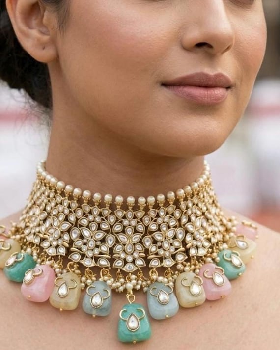 Sabyasachi inspired Pastel Polki Kundan Choker Set Multicolor Stone Bridal Necklace | 18k gold plated  Wedding Jewelry Statement Choker Set
