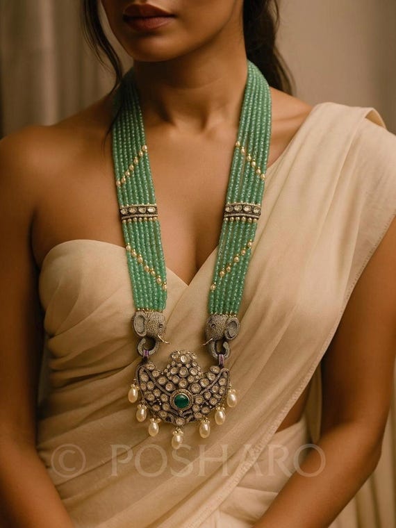Mint Green Victorian Moissanite Polki Kundan Elephant motifs Jewelry Setting : Antique Gold Plated Necklace with Earrings
