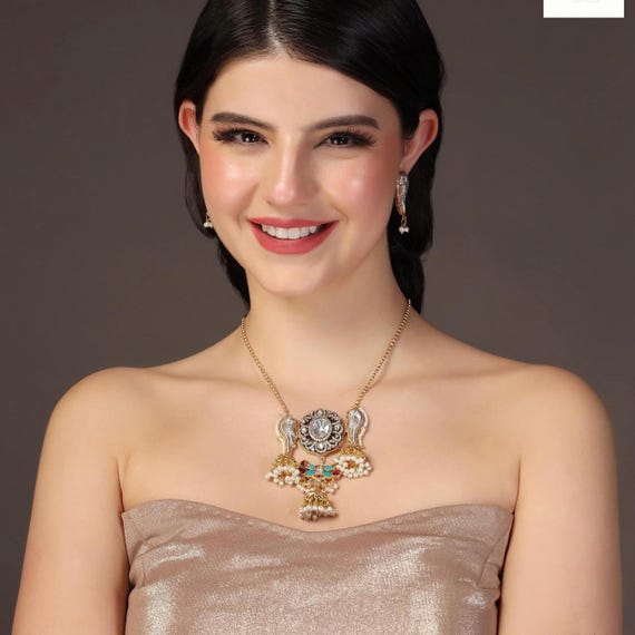 Traditional Sabyasachi-Inspired Polki Pendant Necklace Set | 18k Gold & 999 Silver Plated | Handcrafted Fusion Jewelry with Earrings