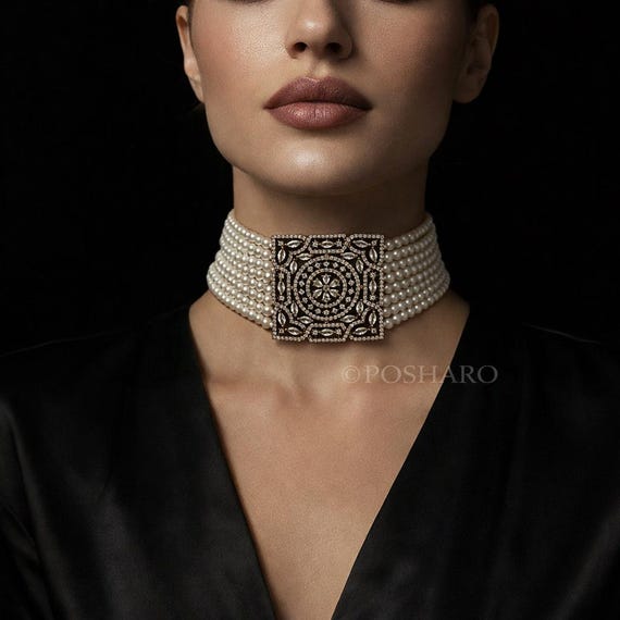 Luxury Pearl Sabyasachi inspired Choker with Statement Studs | Premium Polki Design | Bridal / Festive Jewelry | POSHARO