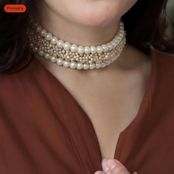 18k Gold Plated Pearl Choker Necklace Set - Bollywood Style