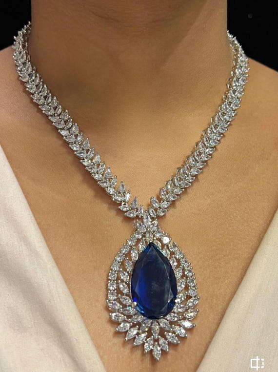 Sabyasachi Inspired CZ zirconia blue premium quality jewelry set, with earrings, American Diamonds Set, next to real diamonds
