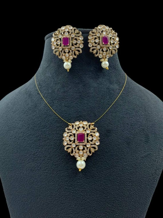 Elegant Moissanite Ruby Polki Pendant Necklace Set Victorian Finish Invisible Wire Necklace with Matching Studs