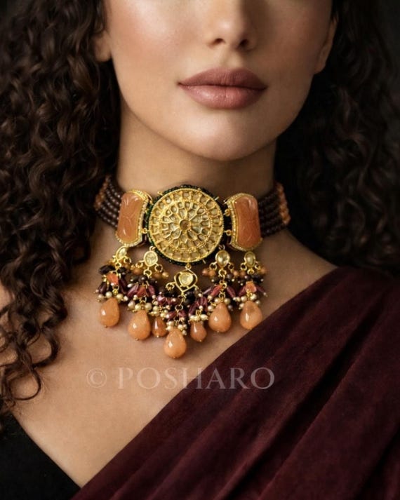Handcrafted Polki Kundan Peach Orange Stone Choker Necklace with Earrings | Bridal Statement Jewelry | Indian Wedding Jewelry