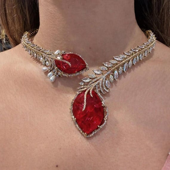 Red Ruby Leaf Statement Necklace Set – High-Sparkle Wedding Cocktail Jewelry