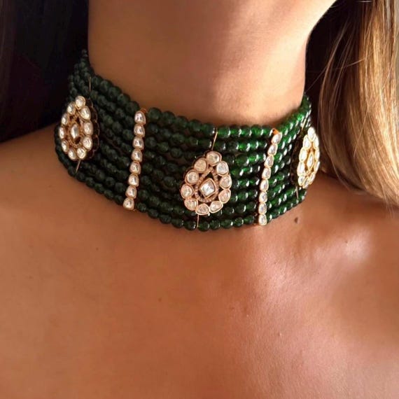 Kundan Choker Set: Green Onyx, Sabyasachi Inspired Bollywood Jewelry