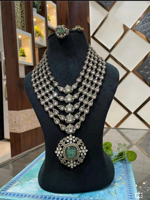 Bollywood Real Moissanite Green Emerald Polki Sabyasachi Inspired Necklace Set /Uncut Kundan/Reception victorian Bridal  Set