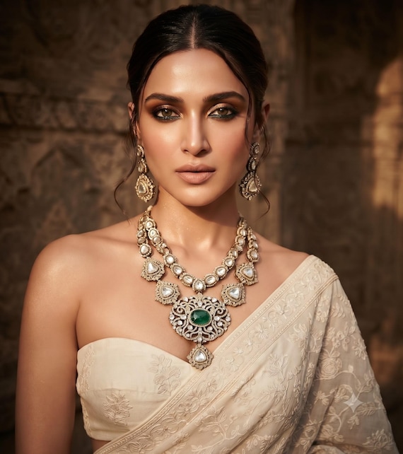Polki Kundan Bridal Jewelry Set | Victorian Gold Necklace with Earrings & Maang Tikka | Emerald Pendant Set | Indian Wedding Jewelry