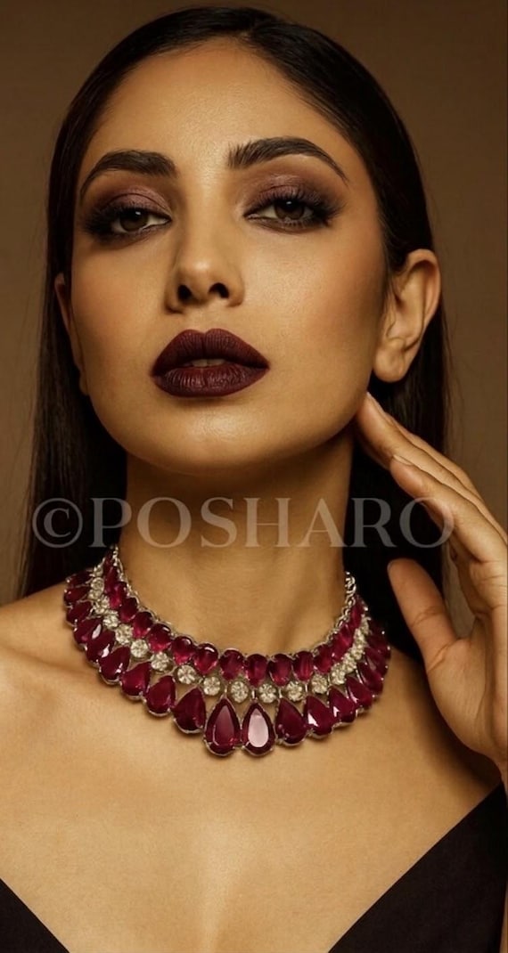 Ruby Red Statement Choker Set | Red Stone Bridal Jewelry | CZ Necklace & Matching Earrings | Indian Wedding Jewelry