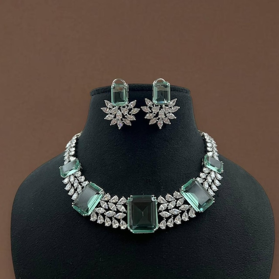 Sabyasachi Inspired CZ hydra stone emerald cut premium quality choker jewelry set, earrings, American Diamonds , next to real diamonds