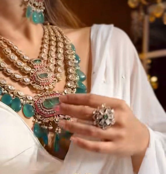 Premium Moissanite Silver Foil Polki Sabyasachi Inspired Necklace Set /Uncut Kundan 24k gold plated/Indian Reception bridal jewelry Set