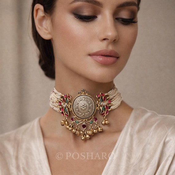 Sabyasachi-Inspired Fusion Polki Kundan Polki Choker | Gold & Silver Plated | Rice-Bead Neckline | Handcrafted Jewelry Set