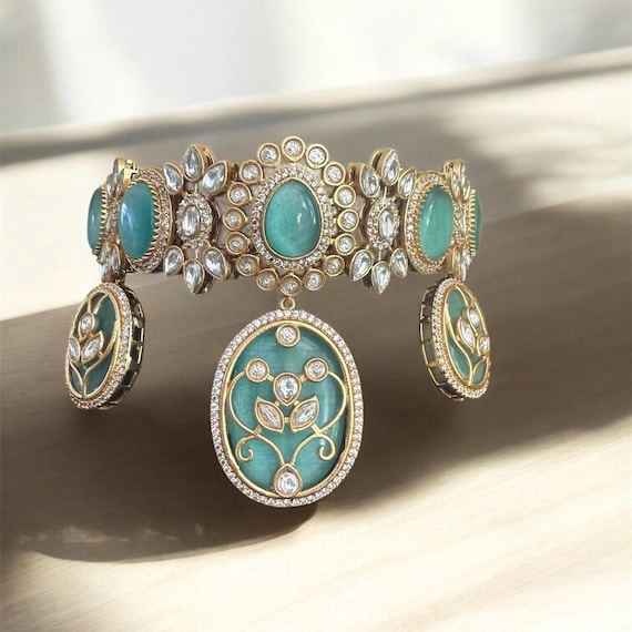 Traditional Sabyasachi  Inspired mint pastel green inlay handcrafted polki choker set