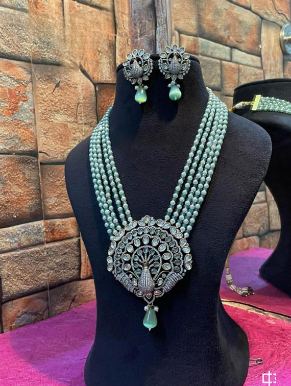 Sabyasachi Inspired premium quality fine gold plated mint green Moissanite polki kundan peacock jewelry set, necklace with earrings