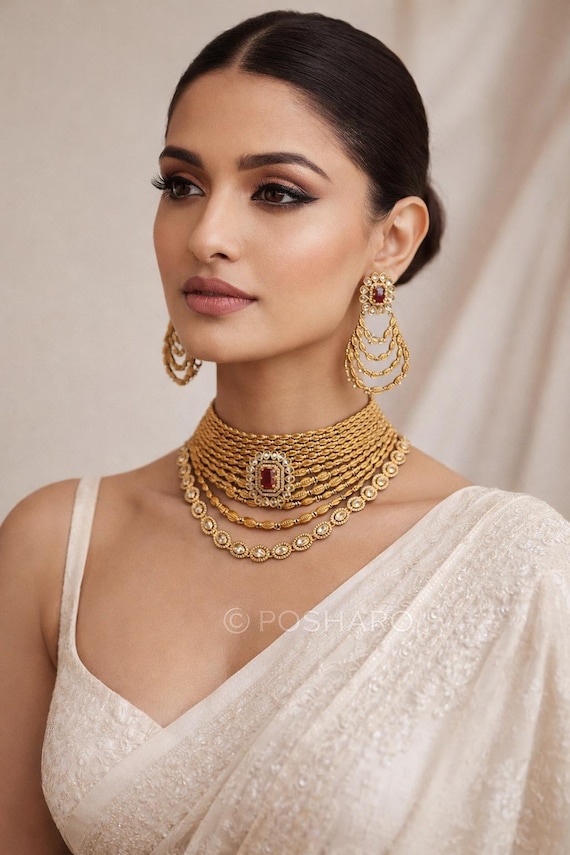 Gold Plated Indian Choker Necklace Set with Earrings