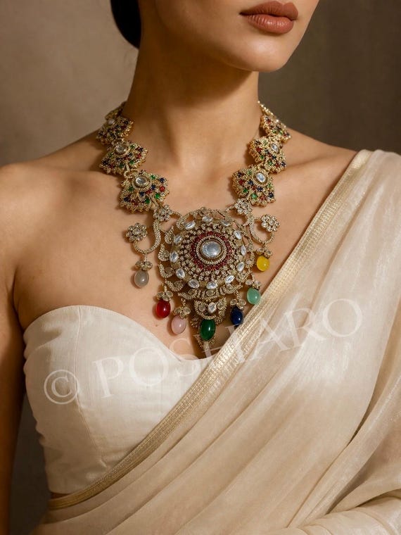 Victorian Kundan Polki Necklace Set with Earrings | Multicolor Bridal Statement Jewelry | Antique Gold Royal Necklace | Indian Wedding