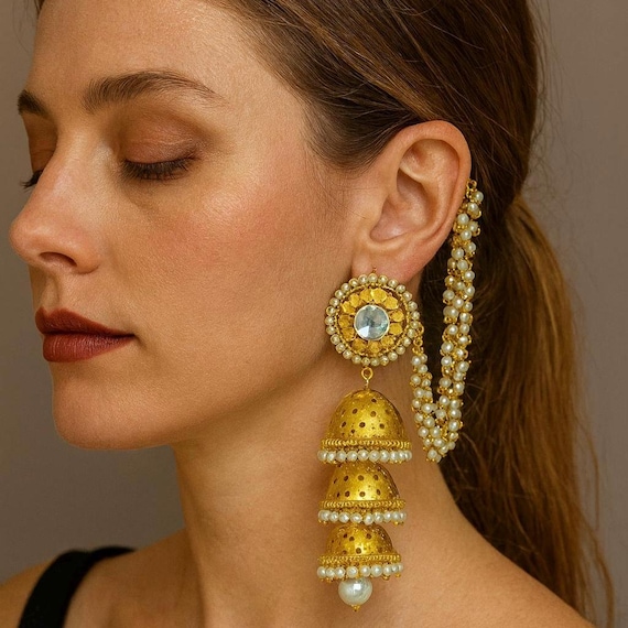 24k Gold Plated Bollywood Designer Polki Jhumka Earrings with Pearl Ear Chains