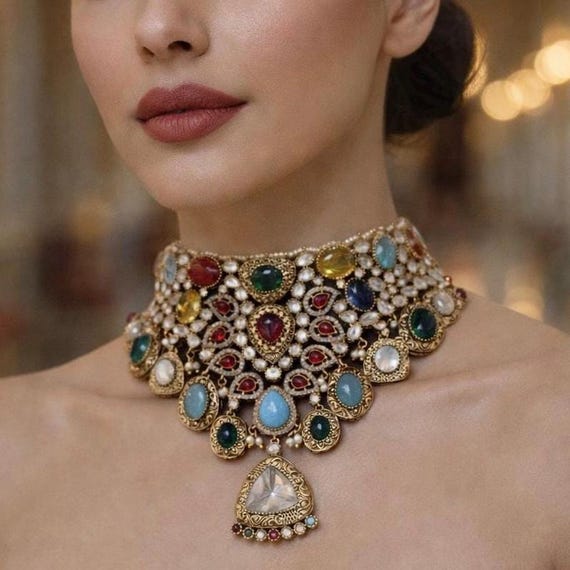 Multicolor Kundan Polki Choker Set | Antique Gold Statement Bridal Necklace