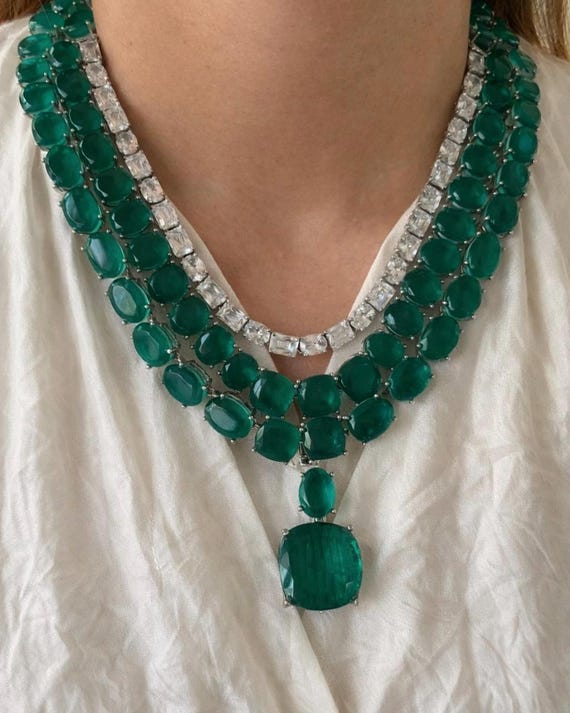 Layered Emerald Green CZ Statement Necklace Set | Bridal & Evening Jewelry | Luxe Silver-Tone Finish