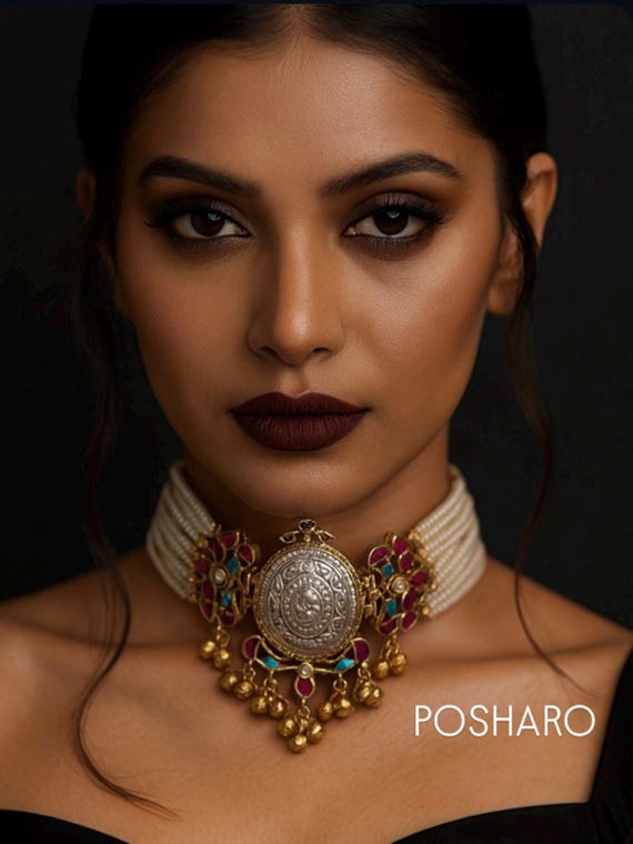 Sabyasachi-Inspired Fusion Polki Kundan Polki Choker | Gold & Silver Plated | Rice-Bead Neckline | Handcrafted Jewelry Set