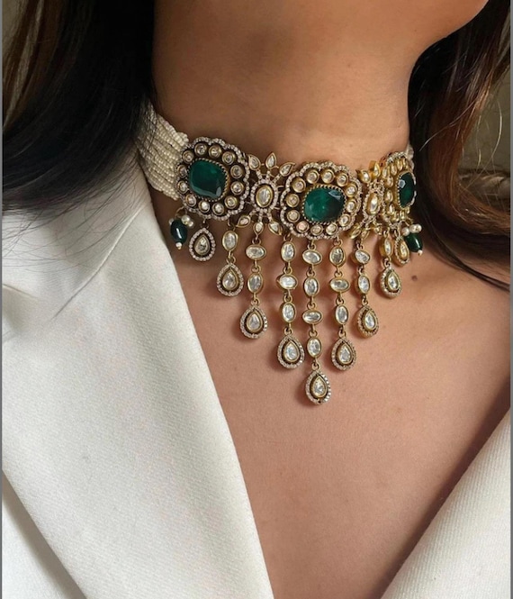 Emerald Doublet Moissanite Polki Choker & Earrings: Sabyasachi-Inspired Indian Bridal Jewelry