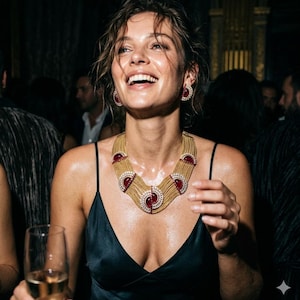 May include: A gold-toned statement necklace featuring multiple rows of fine chains and semi-circular accents set with deep red stones and clear crystals, paired with matching semi-circular gold and red stone earrings.