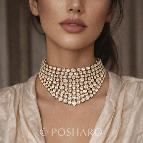 Statement Bridal Choker | Royal Wedding Jewelry | Traditional Indian Uncut Kundan Polki Necklace with Earrings