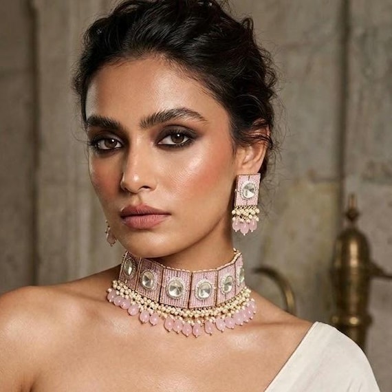 Blush Pink Polki Kundan Choker Set | Pearl Drop Choker Necklace | Pastel Bridal Jewelry | Statement Choker with Earrings | Indian Wedding Je