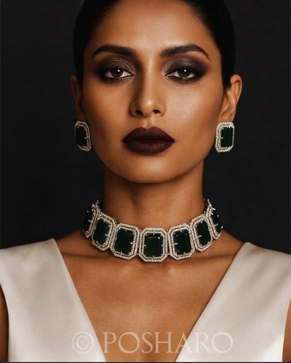 Emerald CZ Choker Set: Sabyasachi Style Indian Jewelry