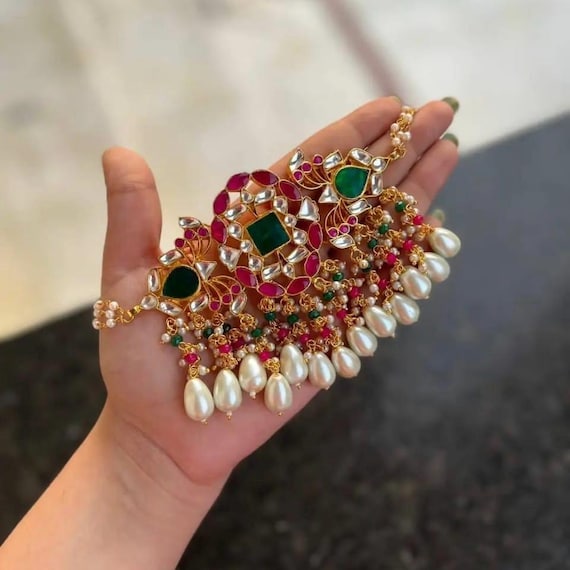 Indian Bollywood fashion Sabyasachi Inspired Antique 18k Gold Plated handmade red and green polki choker necklace set or jewellery set
