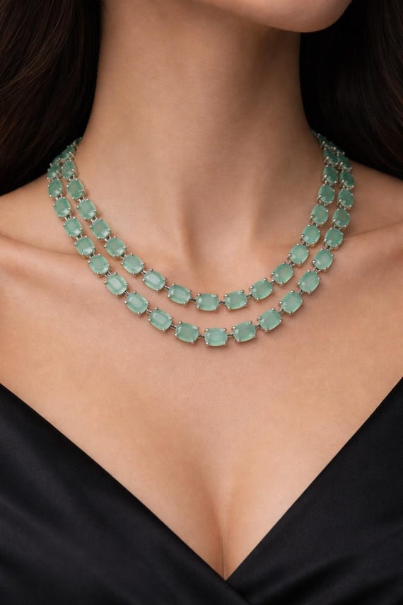 Aqua CZ Necklace Set – Mint Green Statement Jewelry Set with Matching Earrings | Modern Party & Wedding Jewelry