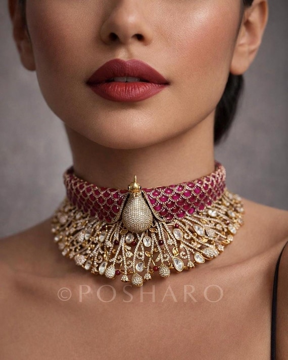Ruby Pink Peacock Bridal Choker Necklace | Kundan Polki Statement Jewelry | Indian Wedding Jewelry Set | Luxury Festive Choker
