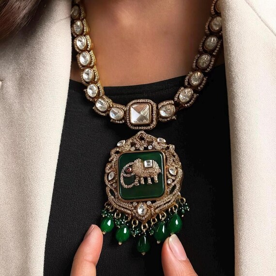 Moissanite Polki Necklace Set: Green Emerald Kundan, 24K Gold Plated
