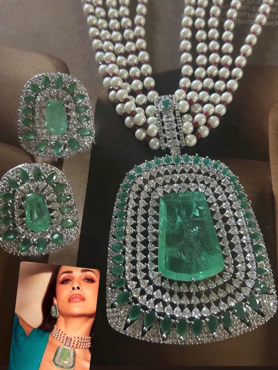 Bollywood Sabyasachi Inspired pastel green emerald stone CZ cubic zirconia premium quality jewelry set, necklace with earrings