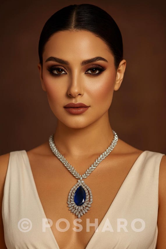 Sabyasachi Inspired CZ zirconia blue premium quality jewelry set, with earrings, American Diamonds Set, next to real diamonds