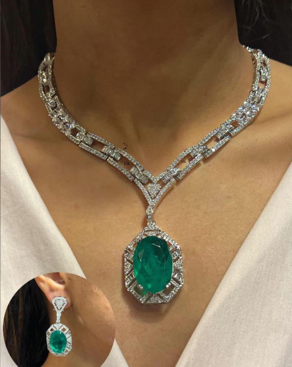 Sabyasachi Inspired green emerald CZ cubic zirconia premium quality jewelry set, necklace with earrings, American Diamond Set