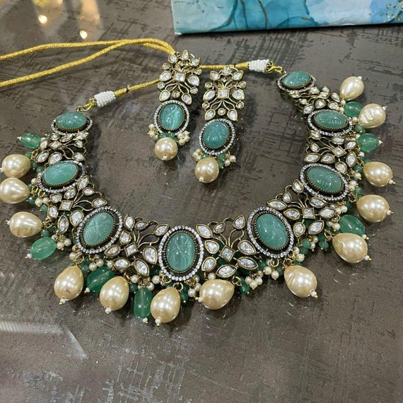 Moissanite Polki Choker Necklace Set: Gold Plated Baroque Pearls & Mint Green Stones