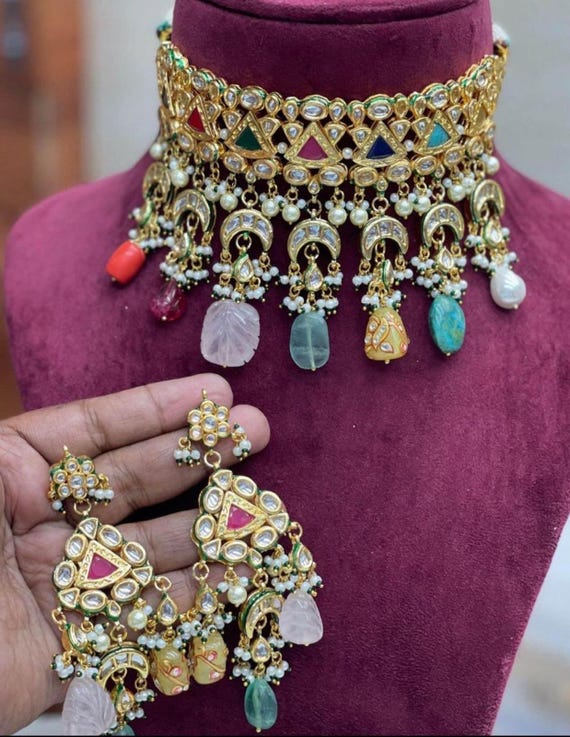 Sabyasachi Inspired Gold Plated kundan navratan handcrafted tanjore beads Pakistani minakari choker necklace set or jewellery set