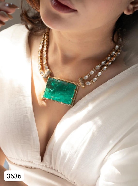 22k Gold Plated Polki Necklace Set: Green Emerald, Moissanite