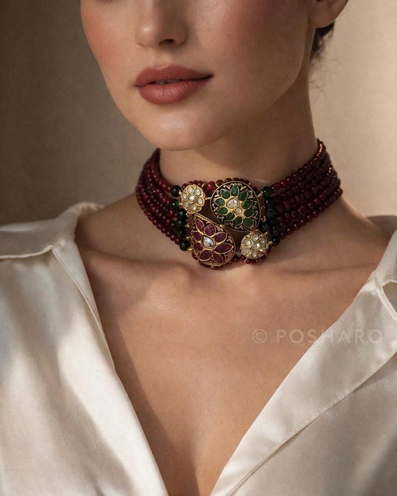 Multi-Strand Beaded Polki Choker Necklace Set – Ruby, Emerald & Kundan Elegance
