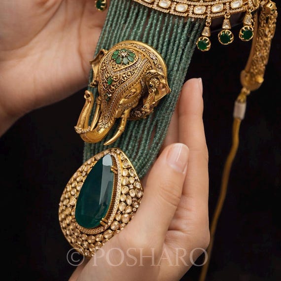 Royal Real Moissanite Uncut Polki Jadau Kundan Necklace Set | 22K Gold Polish Copper Bridal Jewelry | Handcrafted Green Emerald Luxe Set